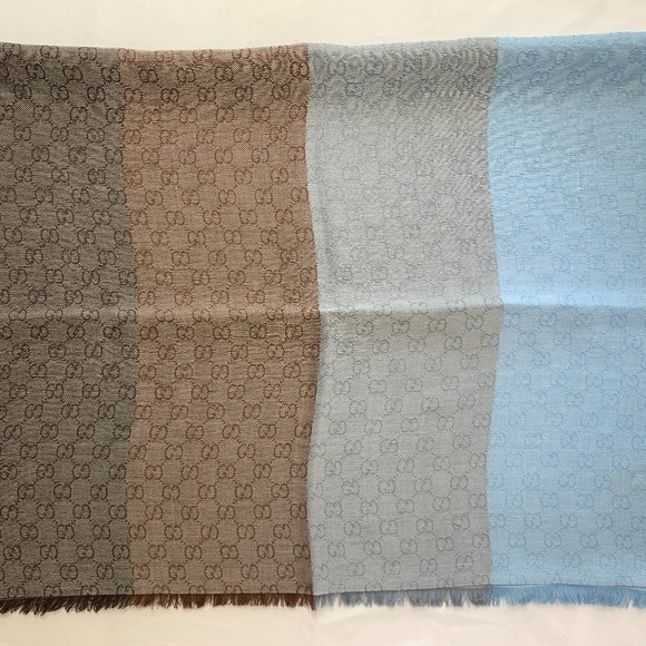 Gucci GG Lenolis Colorblock Scarf in Blue & Brown - Picture 4 of 12